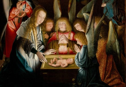A 16th-century painting depicts what art historians Andrew Levitas and Cheryl Reid believe is an angel with Down syndrome. By: Follower of Jan Joest of Kalkar, "The Adoration of the Christ Child" (c.1515); The Metropolitan Museum of Art, The Jack and Belle Linsky Collection, 1982, www.metmuseum.org